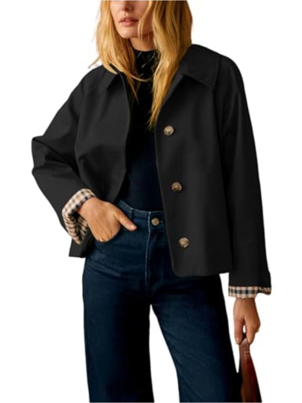 Short Trench Jacket Plaid Lining Button Front Women's Lightweight Cotton